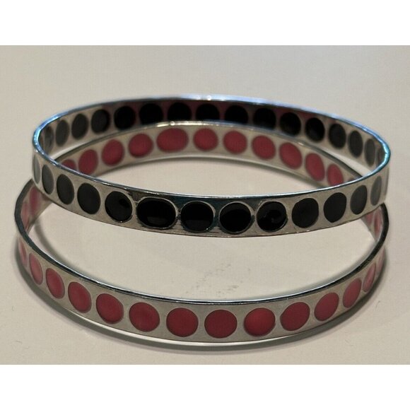 Silver Tone Pink Black Enamel Polka Dot Bangle Bracelet - Picture 1 of 3